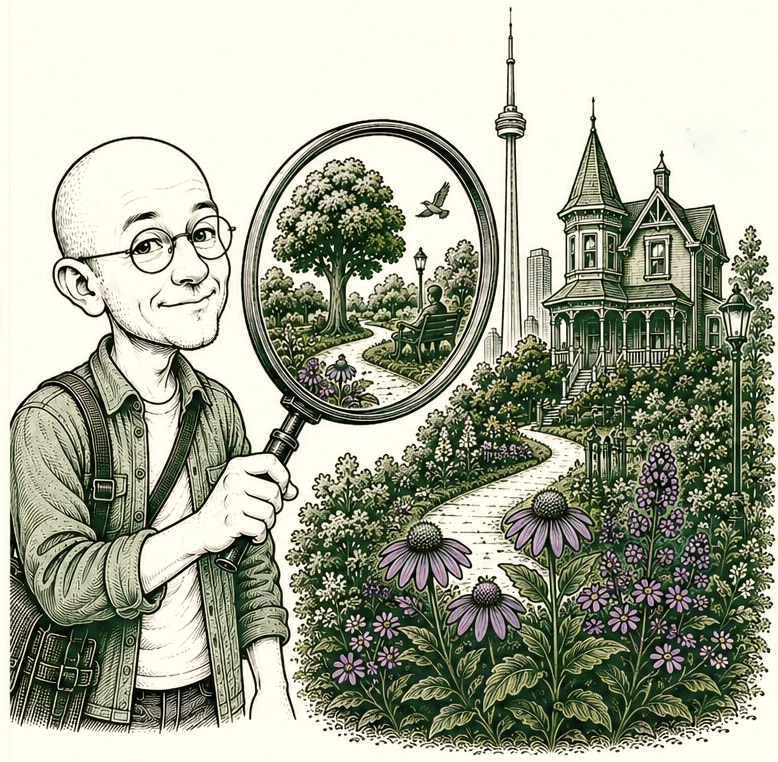 Illustration d'un guide explorant les parcs et quartiers méconnus de Toronto avec une loupe